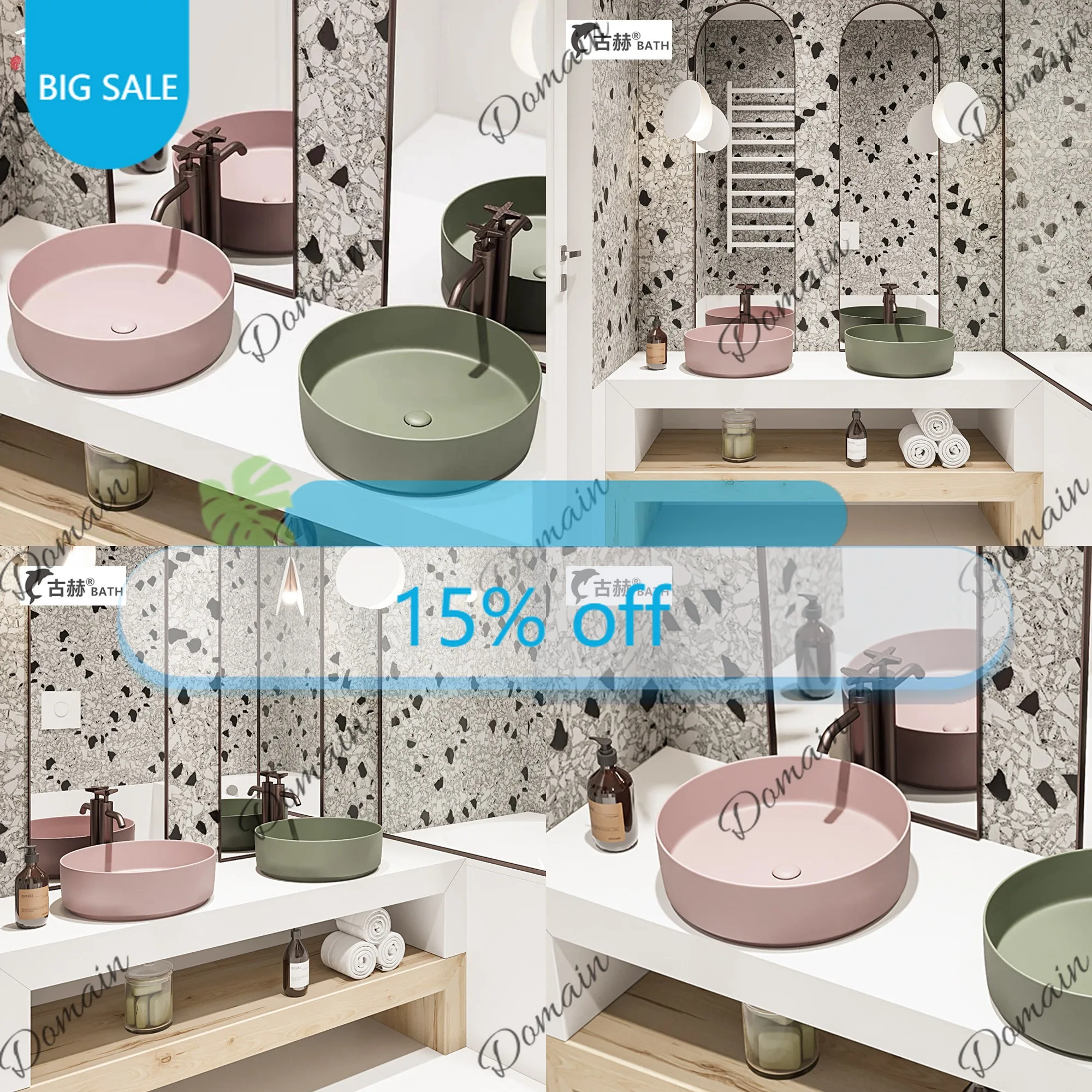 Th Olive Green & Pink Ceramic Washbasin Round Countertop Sink For Bathroom Balcony Creative Hand Washing Basin