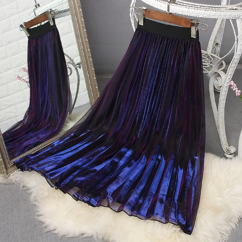 Metallic Gradient  Purple A-line Gauze Pleated Long Skirts Elastic Waist Golden Changeable Color Mesh Mid-calf Pleated Skirts