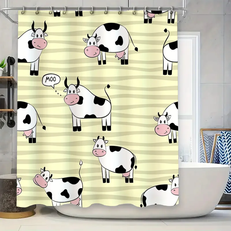 

Playful Cow Bath Shower Curtain Modern Cartoon Animal Print Decor for Bathroom Set Includes Hook (Yellow)