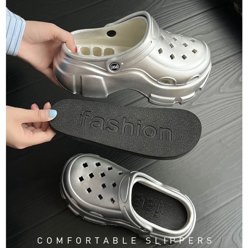 6cm Platform Slippers Women Fashion Clogs Punk Style Summer Shoes Woman Beach Slides Silver Color 2 Way Wear Girl Street Sandals