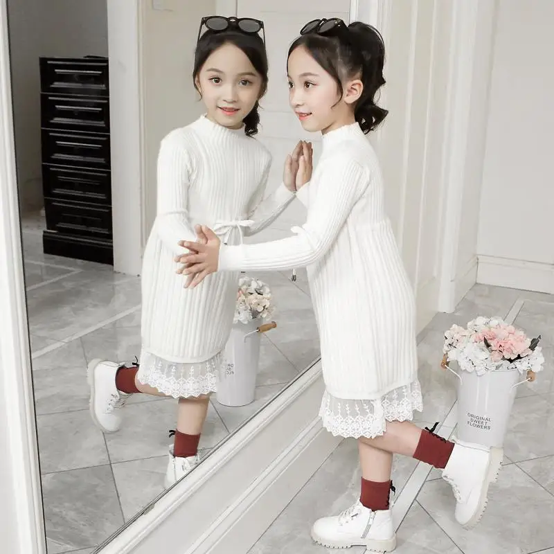 

2023 Spring Autumn New Kids Girls Sweater Dress Children Lace Stitching Knitted Dress Teen Girls Long Sleeve O-Neck Dresses K227