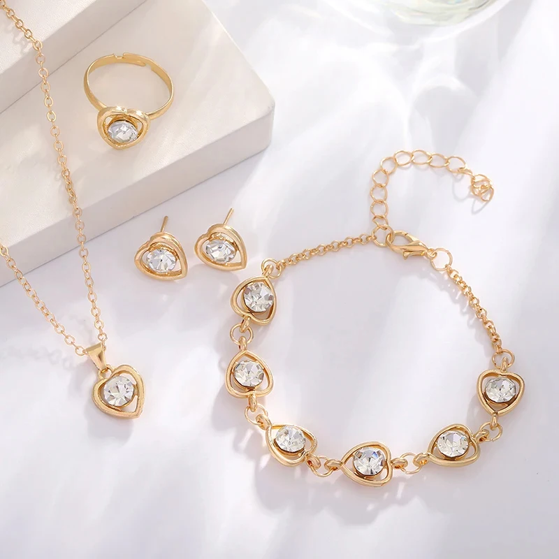 Double Heart Jewelry Set Necklace Bracelet Earrings Ring Fashion Elegant Rhinestones Jewelry Set Women Gift