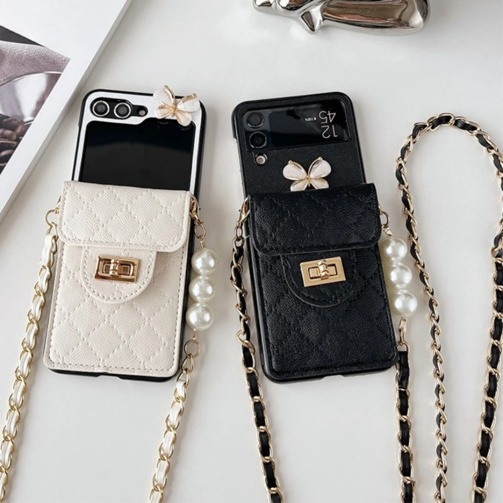 

Для Samsung Galaxy Z Flip 6 5 4 3-кратный роскошный чехол для телефона с бабочкой и сумкой для карт из искусственной кожи, элегантный чехол с цепочкой через плечо