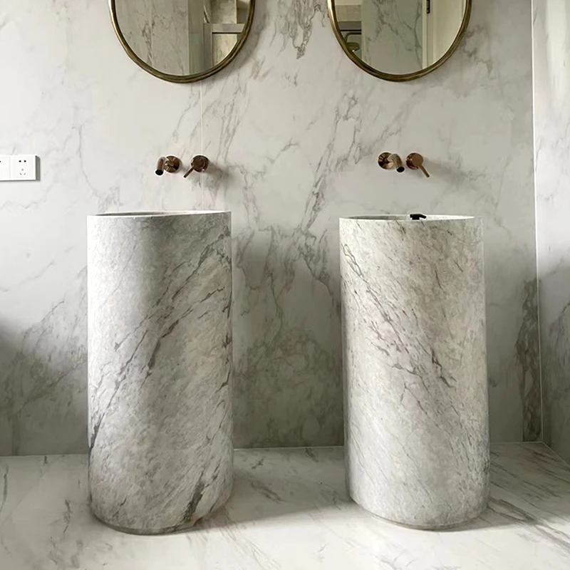 

Modern Minimalist Nordic Bathroom Sink Natural Marble Pedestal Basin Integrated Floor-Standing Artistic Wash Basin Hotel Villa