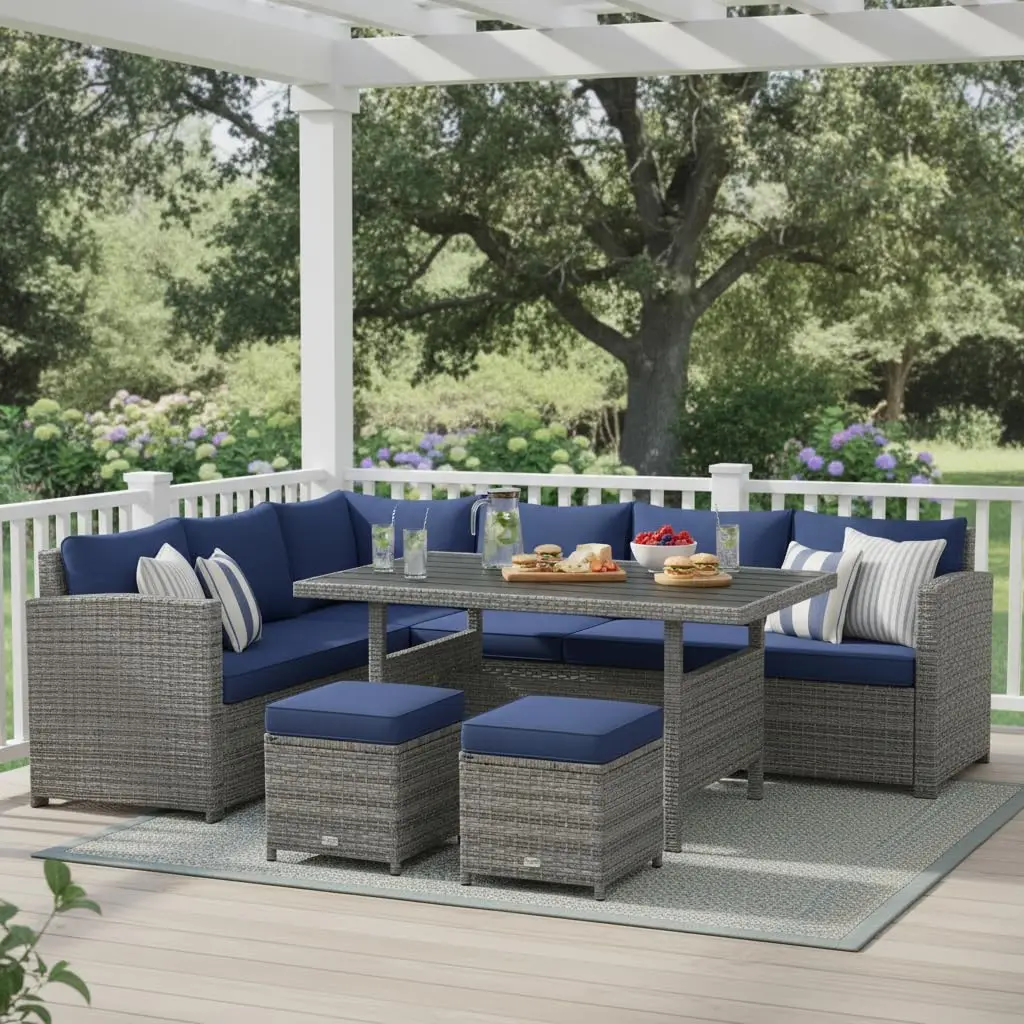 7 Piece All Weather Wicker Patio Sectional Sofa Set Cushioned Dining Table Ottoman Yard Garden Poolside Custom