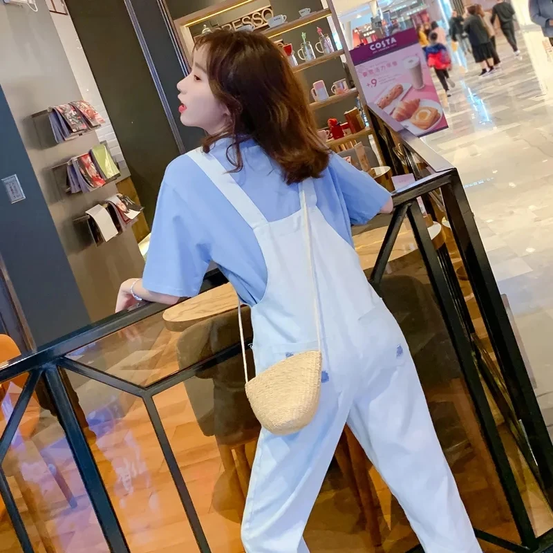 Lady Suit 2023 Denim Strap Pants+Short sleeve Tshirt Two piece set Women's Ankle-Length Jumpsuits Set Fashion Loose 2PCS