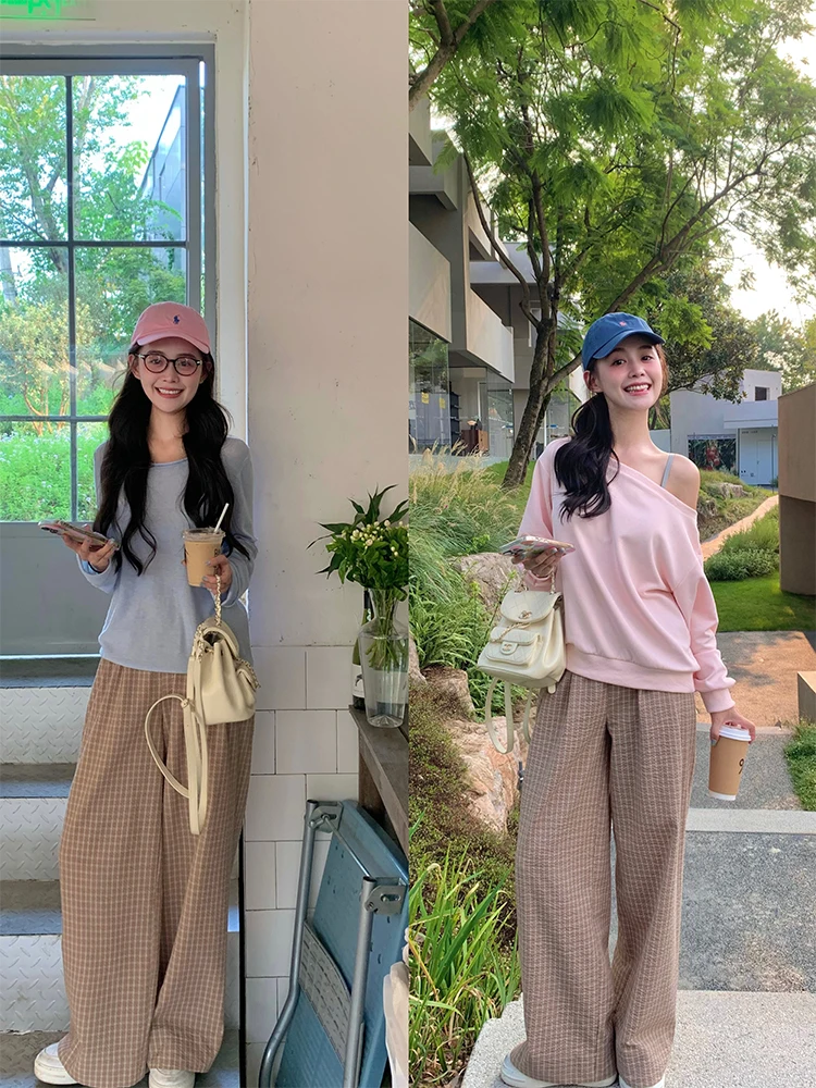 

Удобные широкие брюки цвета хаки в клетку, прямой крой, длинные брюки, женские осенние брюки длиной до пола, Zhao Yamei Commuter Sle Casua...