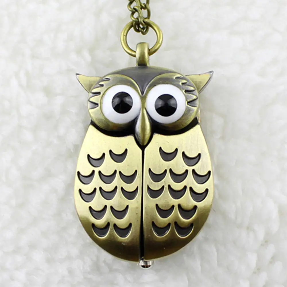 Vintage Bronze Retro Slide Smart Owl Pendant Long Chain Necklace Pocket Watch