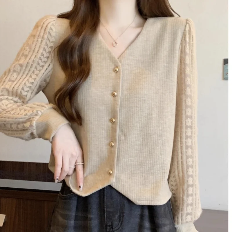 Beige V Neck Knit Cardigan Women Long Puff Sleeves Single Breasted Button Down Soft Sweater Top Spring Autumn Korean Style