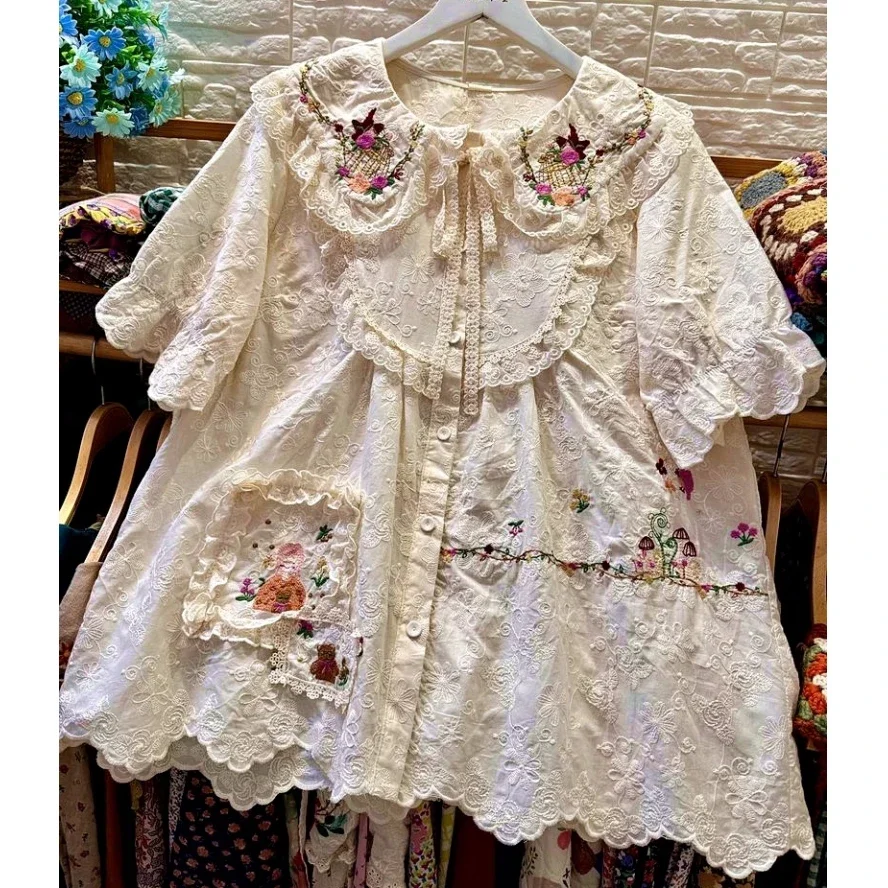 Women Summer Vintage Cotton Ruffled Lace Embroidery White Shirt 2024 Victorian Rococo Retro Shabby Chic Cottage Core Blouse Tops