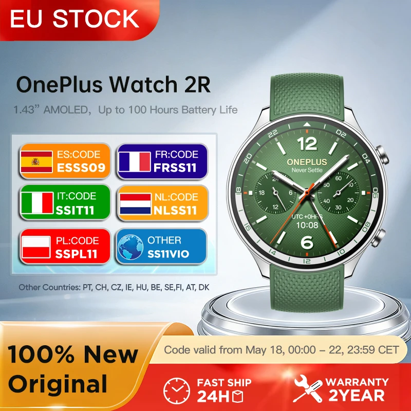 Montre connectée OnePlus Watch 2R, écran AMOLED 1,43'', Snapdragon W5 Gen 1+ ​ BES2700 Autonomie de la batterie de 100 heures WiFi Wear OS par Google GPS 2024