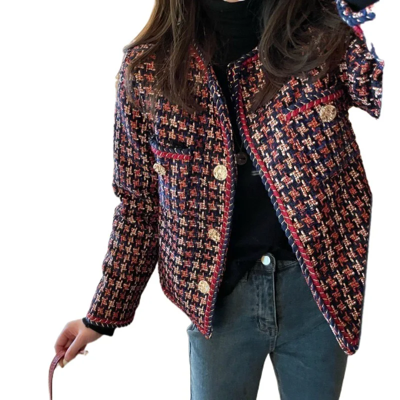 Blazer xadrez de tecelagem elegante feminino com bolso, casaco feminino de Tweed casual, jaqueta de terno de escritório, mais veludo, inverno