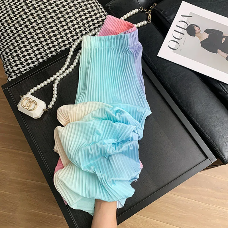 

Summer Thin Chiffon Wide Leg Pants For Women Casual High Waist Loose Straight Long Pants Lady Pleated Wide Leg Trousers