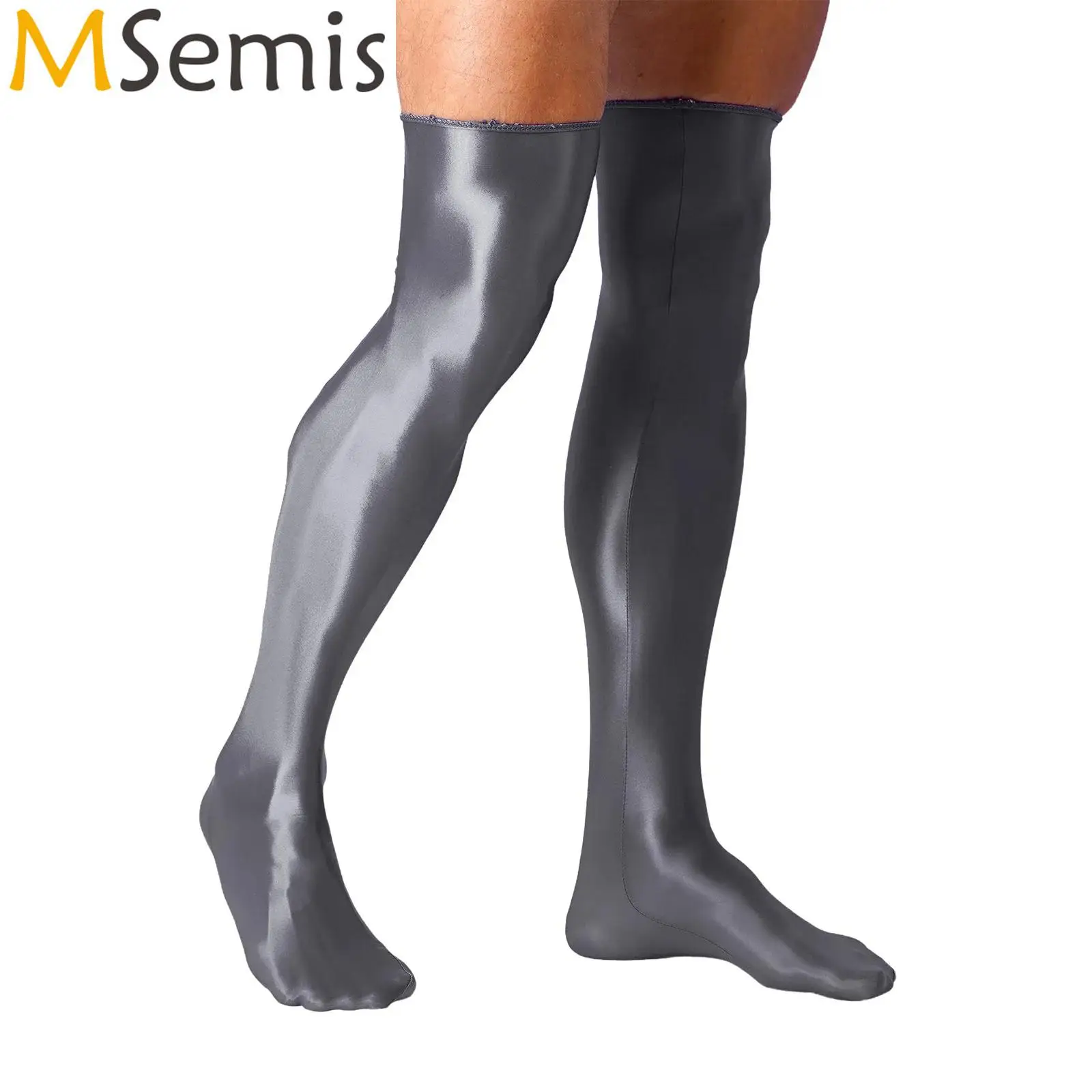 1 Pair Mens Solid Color Stretchy Novelty Socks Ice Silk Ultra-Thin Pantyhose Glossy Thigh High Stockings Costume Accessories