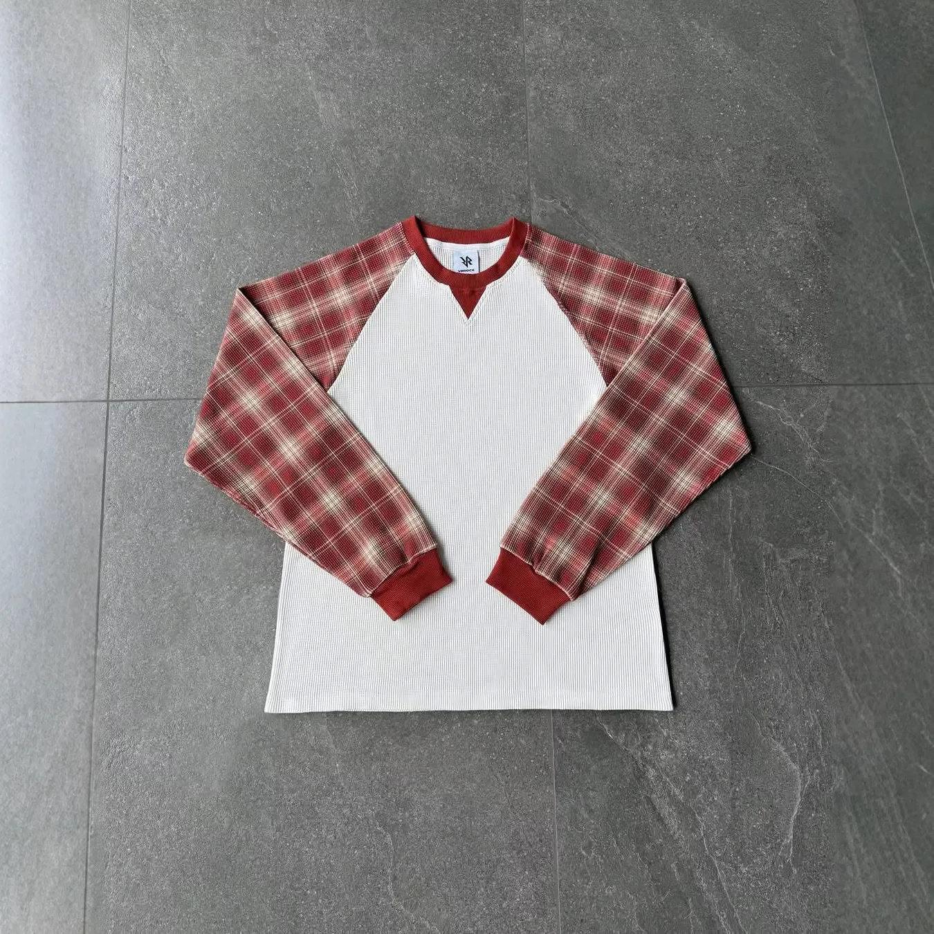 Autumn/Winter Fashion, Leisure Trend, Plaid Color Matching Design, Round Neck Long-Sleeved Waffle T-Shirt, American Street Style