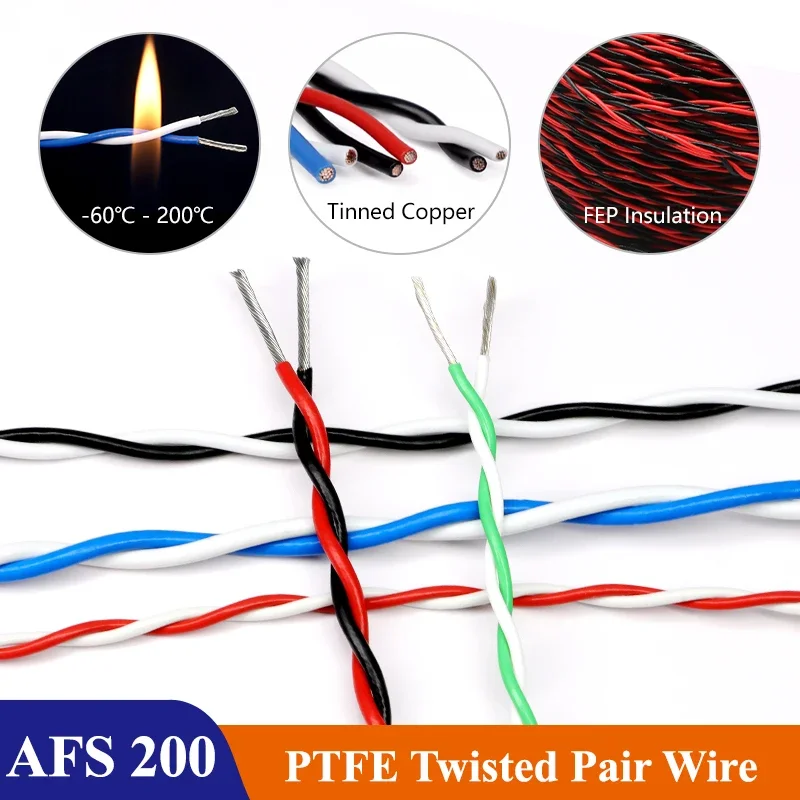 AFS200 High Temperature PTFE Twised Pair Wire 26/25/24/22/20/18/17/15/13 AWG 2Pins FEP Electronic Signal Tinned Copper Cable DIY