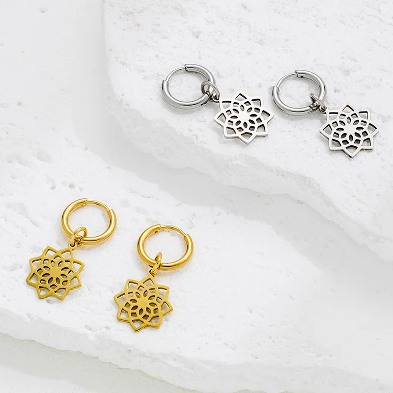 New fashionable French retro mandala flower pendant earrings, versatile and elegant, forest-themed country style stainless steel