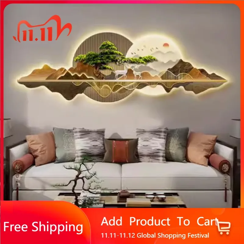 

Chinese Living Room Decorative Painting Modern Light Luxury Luminous Lamp Painting Welcome Pine Mural Sofa Wall Hanging Painting