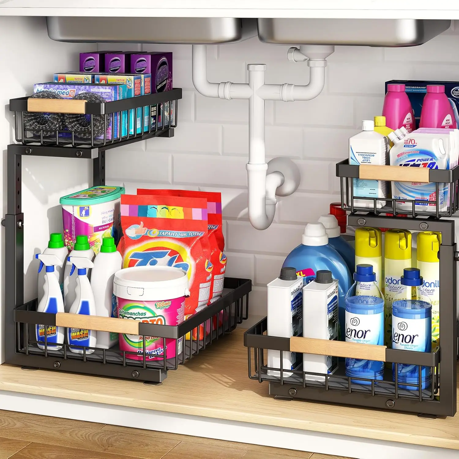 

Under Sink Organizer,Adjustable Height,2 Tier Pull Out Under Cabinet Organizer,Thickened Metal Shelf,Slide Out Und