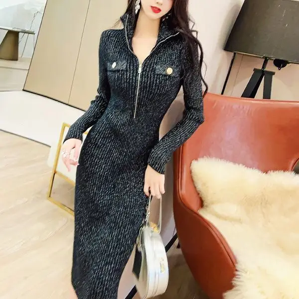 

2024 Autumer Winter Knit Casual Long Sleeve Elegant Chic POLO Collar Slim Sweater Dress for Women Vintage Korean Fashion B23