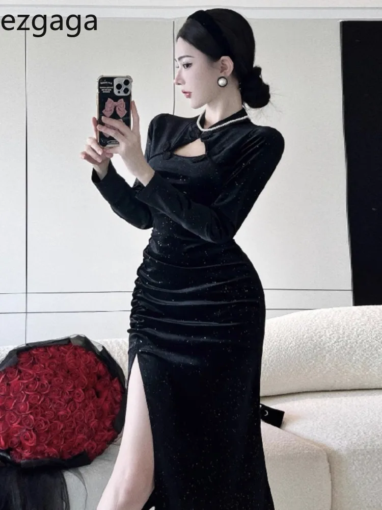 

Ezgaga Velvet Dresses Women Split Long Sleeve Stand Collar Hollow Out Slim Split Vintage Elegant Party Dress Autumn Winter