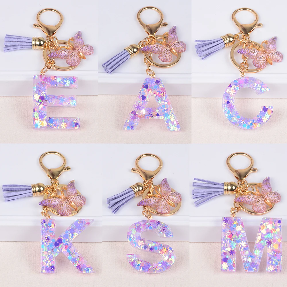 Initial Letter Keychain Cute Butterfly tassel Resin Key Chain Purse Bag Backpack Charm Earbud Case Cover Accessories Women Gift