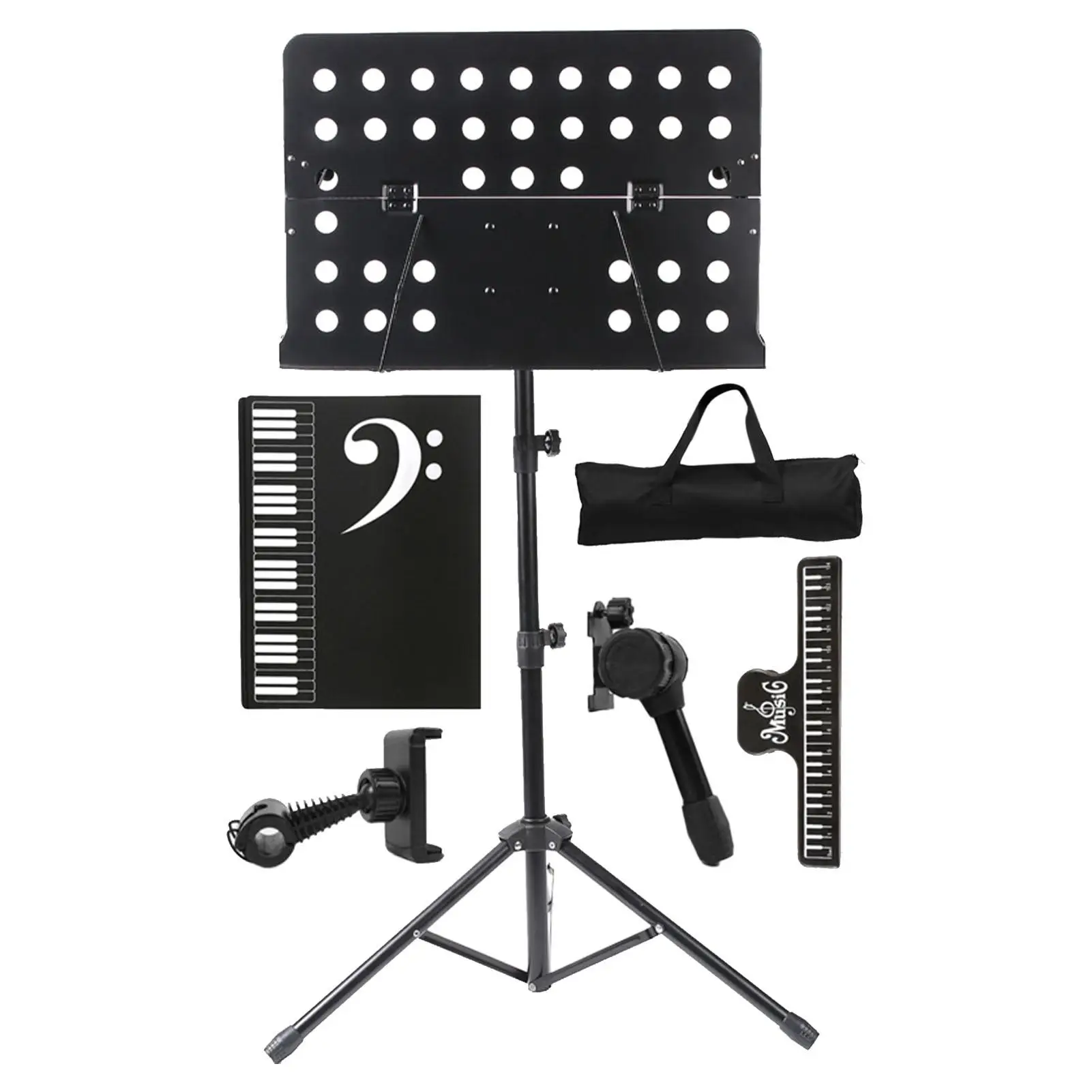 Foldable Music Stand com Music Sheet Clip, Professional Metal Shelf Set, suporte alto ajustável com saco, 35-55"