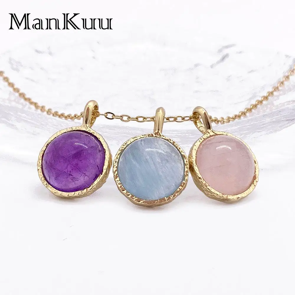 

mankuu 12mm round natural crystal stone amethyst aquamarine rose quartz gold plated pendants elegant jewelry for women necklace