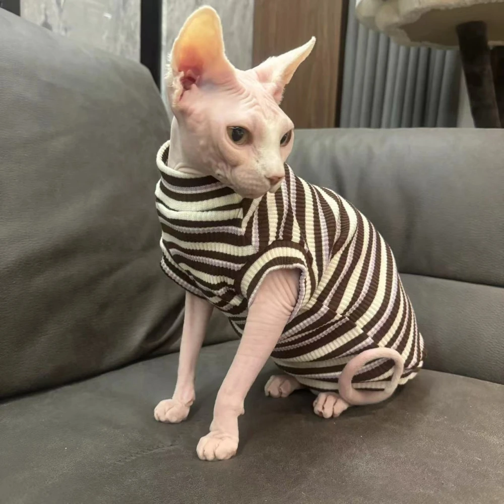 Cotton Striped T-Shirt for Sphynx Cat Summer Spring Short Sleeves Coat for Kittens Dogs Loungewear for Devon Rex Cat Supplies