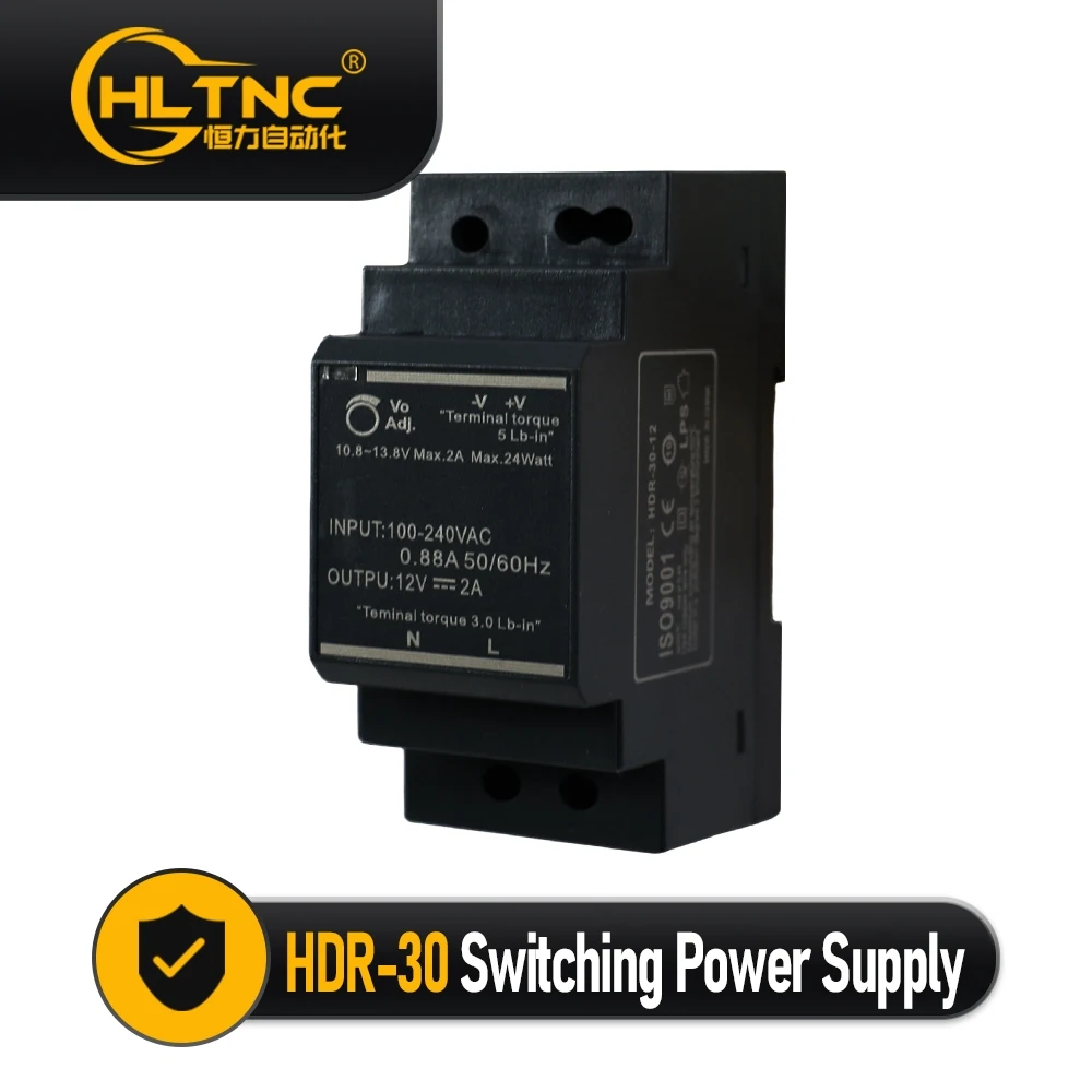 HTNC HDR 30W DIN Rail Power Supply –  12V 24V  Industrial AC-DC Transformer for 35mm Rail, CNC, 3D Printer, LED
