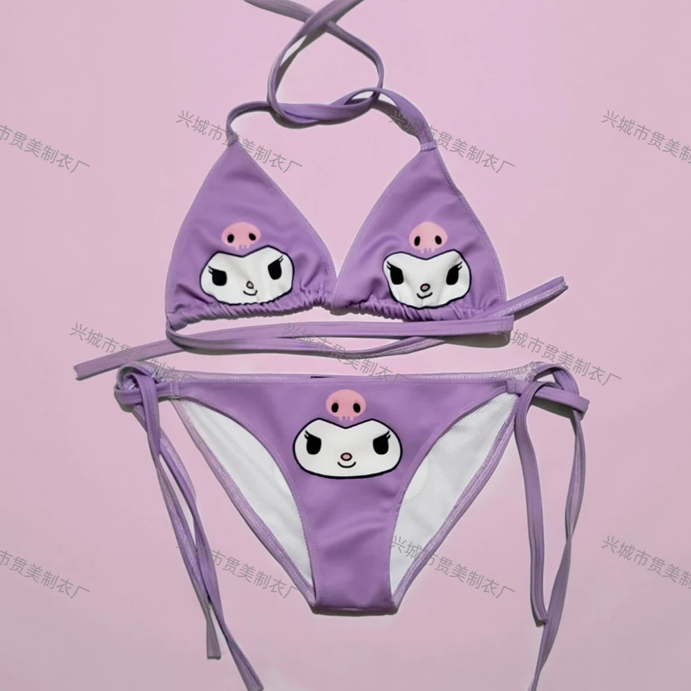 Anime Cinnamoroll My Melody Bikini Swimsuit Sanrioed Kawaii Kuromi Bra Women Dopamine Sexy Hot Girl Hanging Neck Lace Up Cartoon