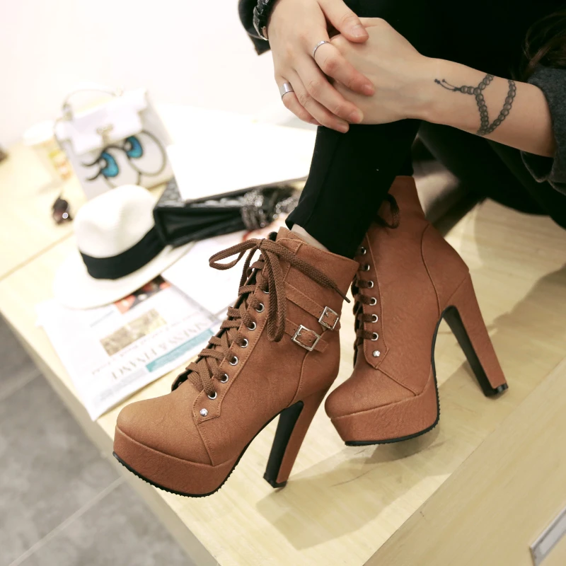 Women\'s Chunky Heel Short Boots, Waterproof Platform, High Heel, Lace-up Motorcycle Boots