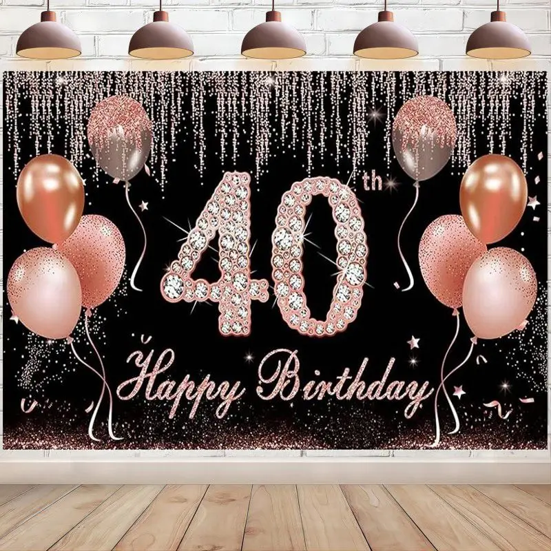 

Happy 40th Birthday Banner Decoration Confetti Balloon Rose Gold and Black Forty Years Old Backdrop Party Supplies Background