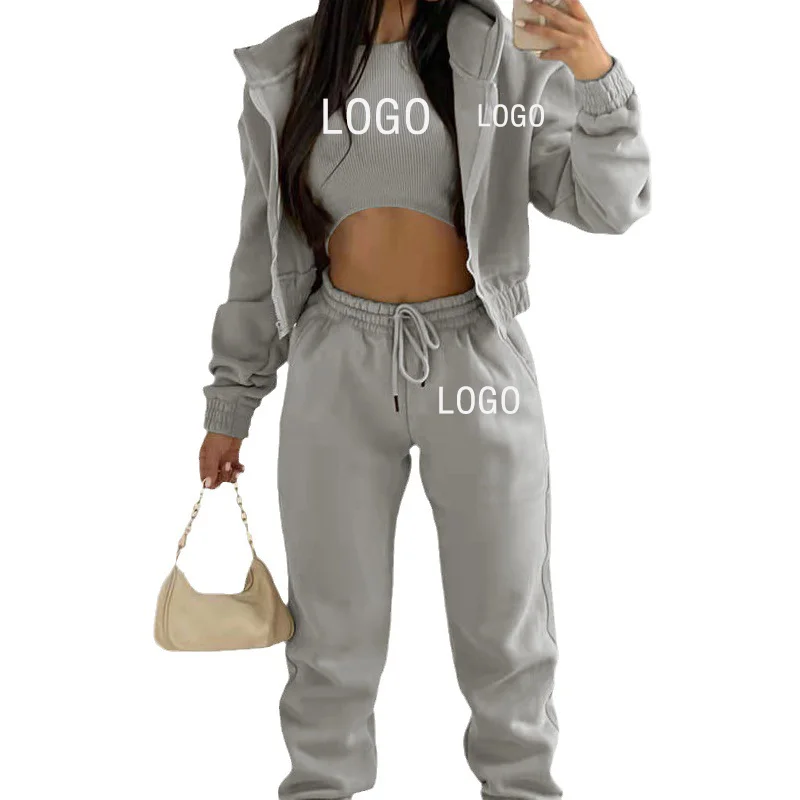 Custom Logo Autumn Women\'s Tracksuit Women 3Piece Set Outfits Zipper Top Pants Casual +Vest Sport Suit Winter 3 Piece Woman Set