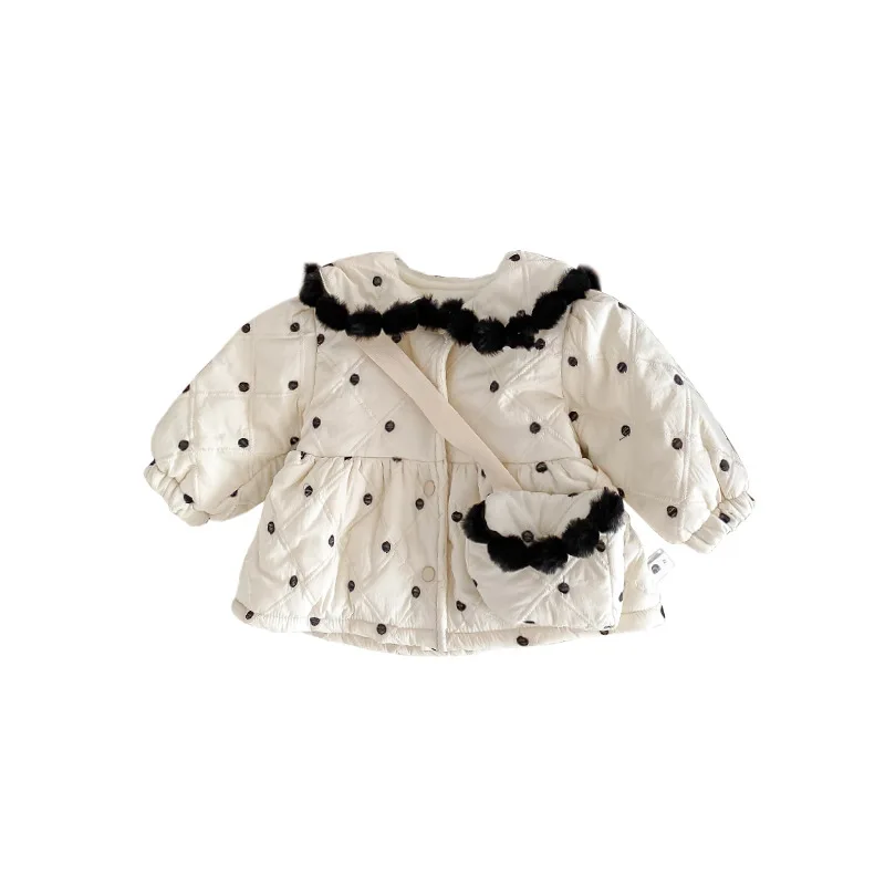 2024 Winter Infant Girl Medium Cotton Jacket Baby Girl Polka Dot Small Hairball Coat Princess Warm Thickened Outerwear