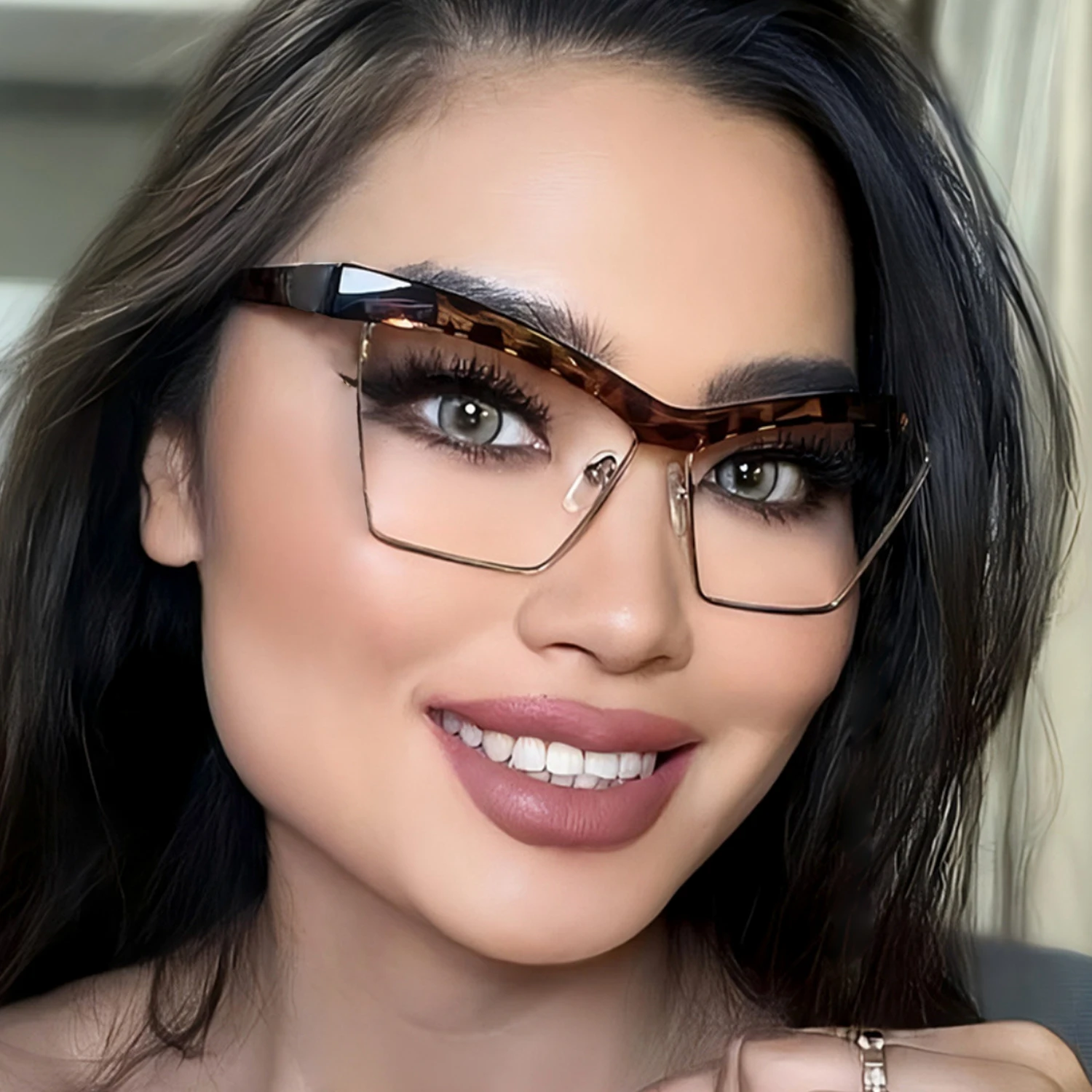 Women Half Rim Cat Eye Blue Light Blocking Eyeglasses Tortoise Decor Clear Lens Eyewear Geometric Frame Fashion Glasses