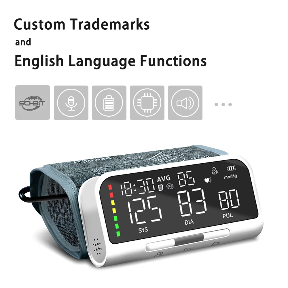 Monitor de presión arterial de brazo con voz en inglés, batería de iones de litio recargable, digitalización Tricolor, esfigmomanómetro de pantalla