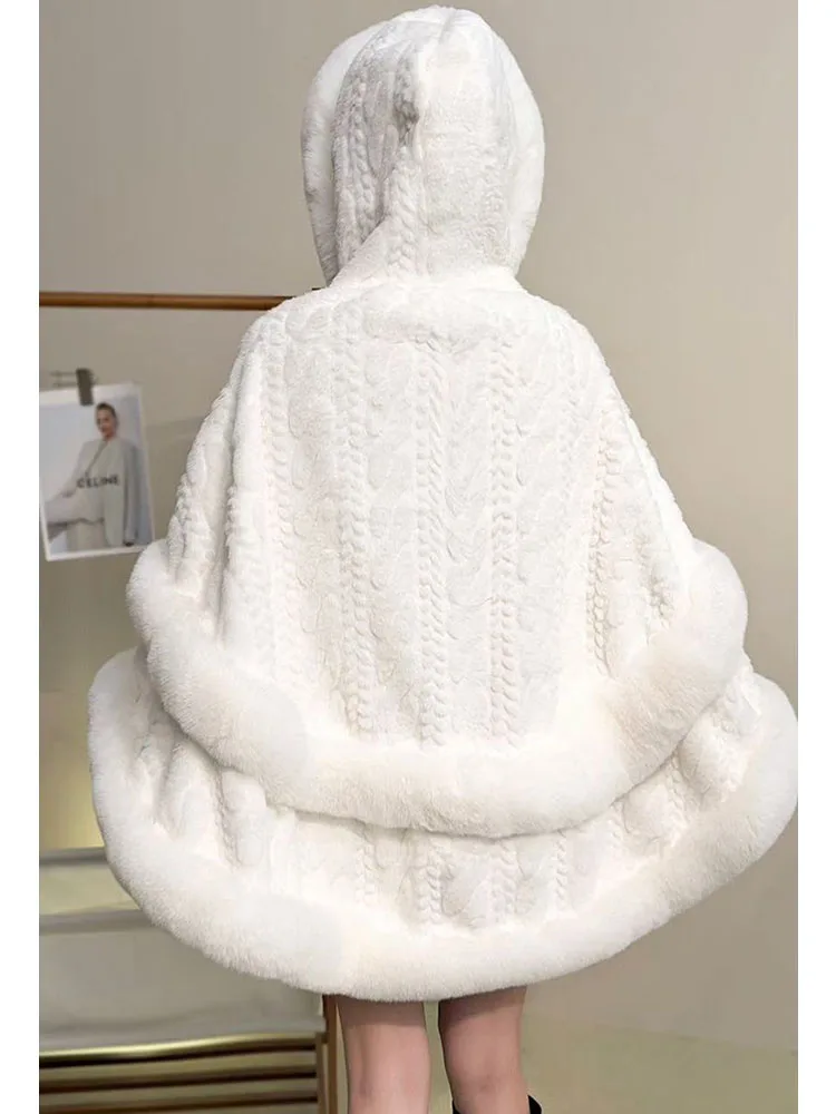 ZADORIN Luxury Thick Warm Hooded White Faux Fur Coat Woman Winter Clothes Fur Cape Mid Long Fur Shawl Cardigan Cloak Outerwears