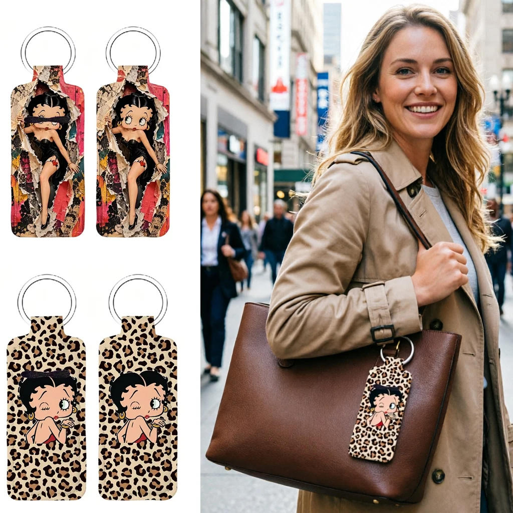 B-Betty Boop-P Fashion Clip on Lipstick Holder Keychain Print Cartoon Keyring Trendy Lip Balm Key Chain Bag Charms Accessories