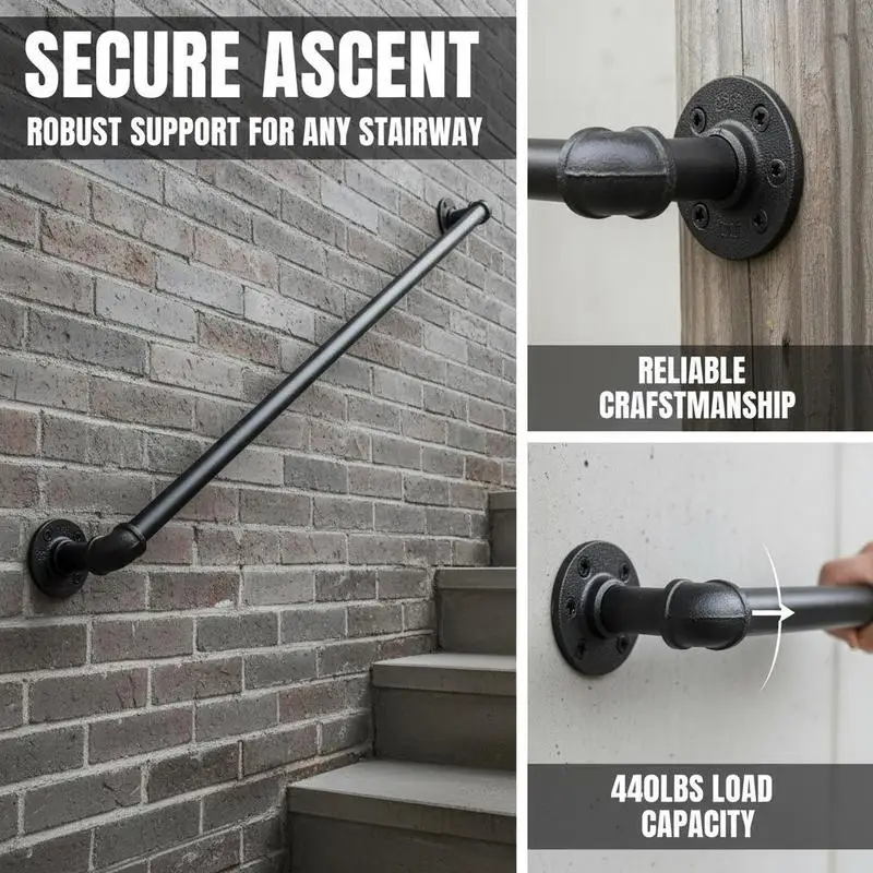 

Carbon Steel Stair Railing 2FT For Staircase Attic Hallway 440LBS Load Capacity Wall Mount Support Round Corner Industrial Design Indoor Outdoor Hardware
