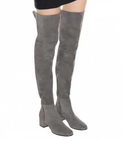 Spring Women Apricot Grey Suede Round Toe Hidden Zipper Med Square Heels Slim Over The Knee Thigh Long Boots Shoes Botas Lady