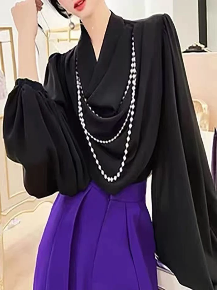 

Autumn 2025 new solid color fashion Pearl chain pleated V-neck lantern sleeve bottoming Joker temperament blouse