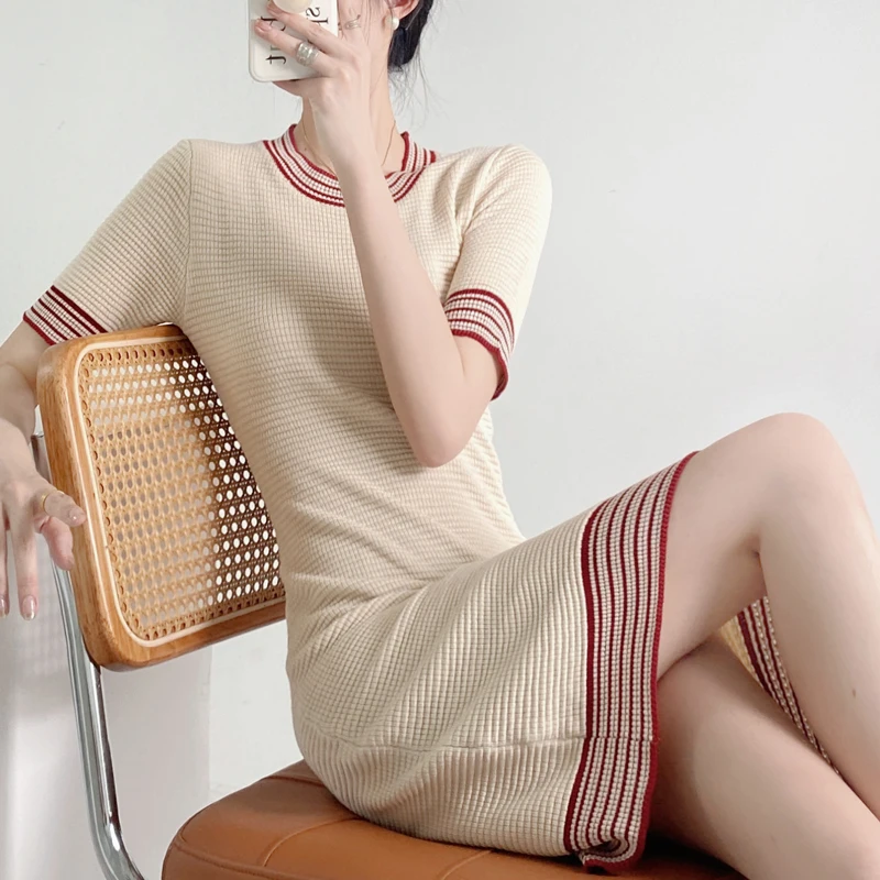 

MOYISU New Elegant O-neck Short Sleeve Knitted Dress Slim Basic Fashion Sweater Vestido Sexy Summer OL Dress for Women Casual