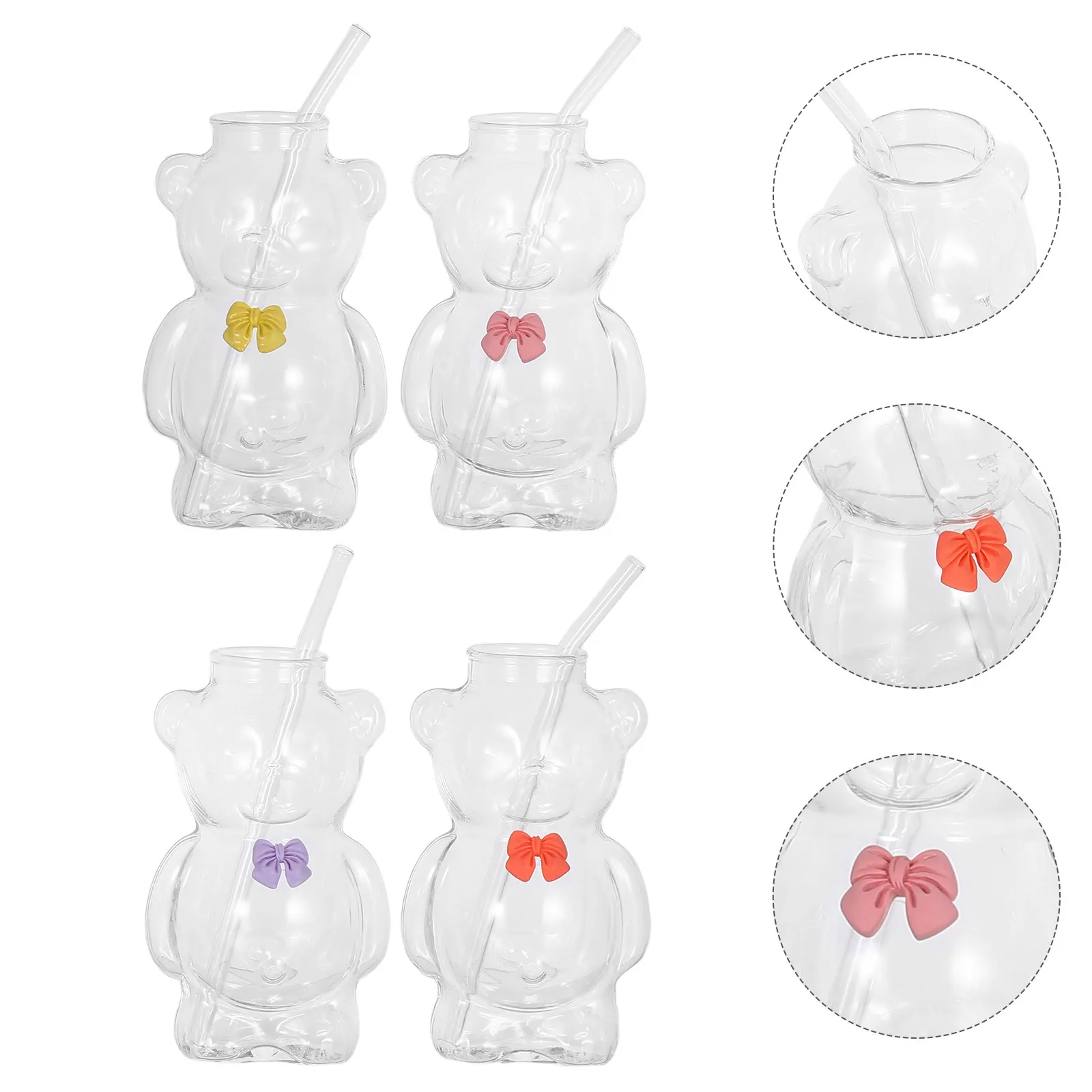 

4Pcs Bear Straw Cups Adorable Glass Animal Shaped Party Cups 330Ml Cute Mugs Iced Coffee Juice Home Decor