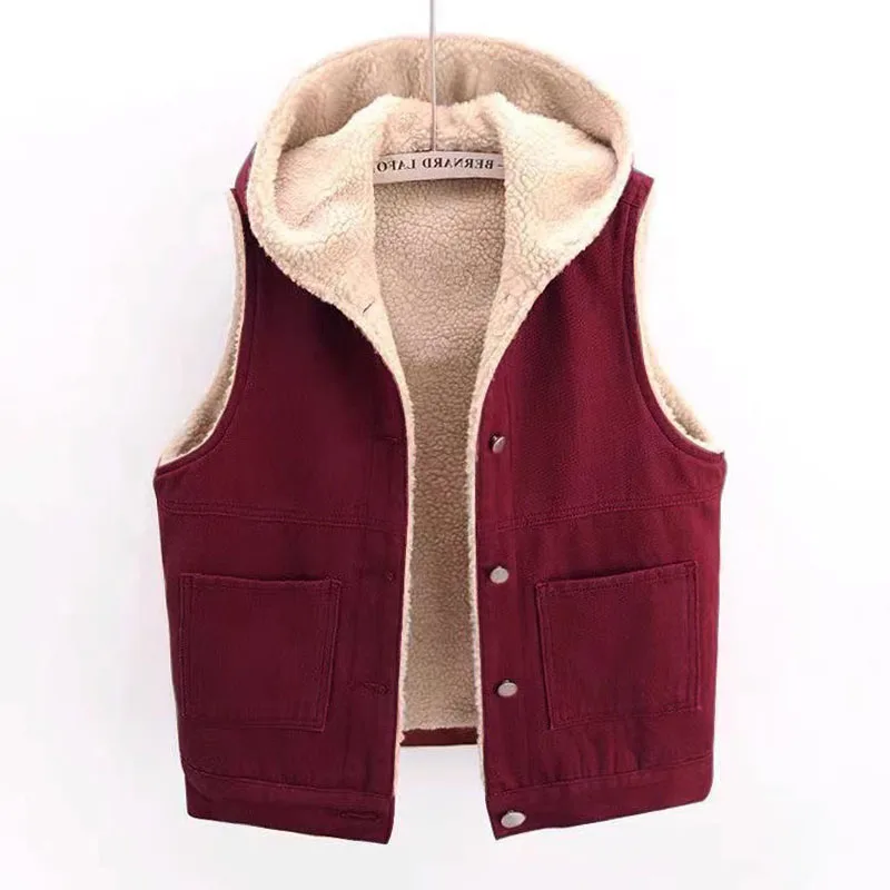 خروف الفراء اصطف Thiened مقنعين سترة جينز المرأة فضفاضة القطن سترة ملابس خارجية الخريف الشتاء جديد Sle تخفيف Sle لون نقي