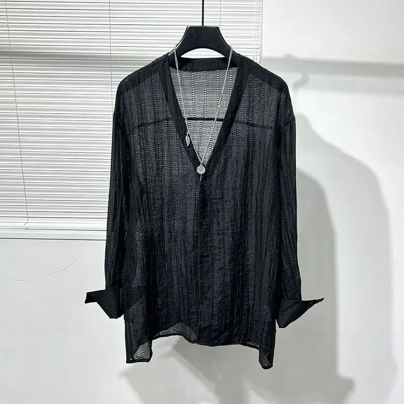 Simple loose hollowed-out draped V-neck loose shirt for men XT1084