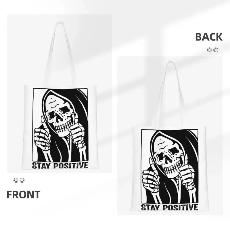 Reusable Funny Skull Stay Positive Skeleton Shopping Bag Women Shoulder Canvas Tote Bag Durable Grocery Shopper Bags