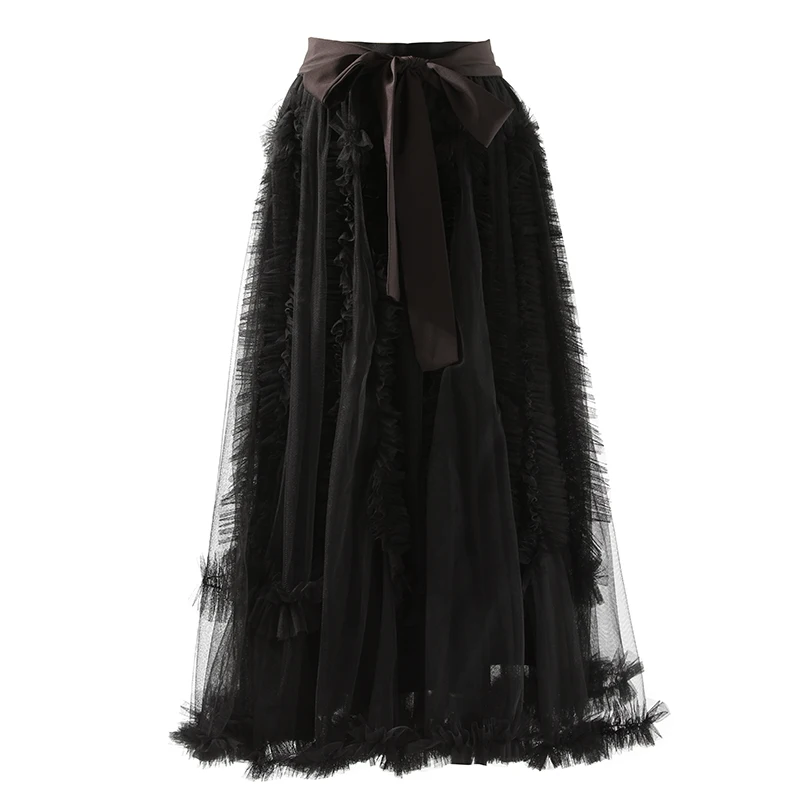 Autumn Fashion Solid Color Mesh Ball Gown Skirt Female Goth High Waist Slim Elegant All-Match Ruffle Edge Pleated Black Skirts