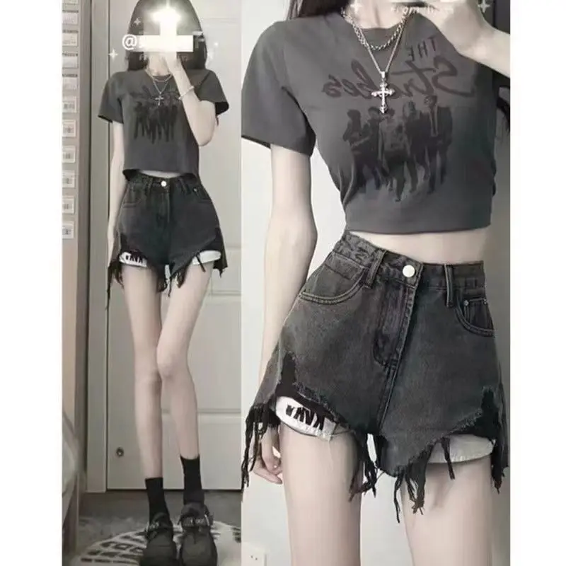 Pantalones cortos para mujer y niña, grupo elegante, línea A, cintura alta, cremallera, cadena de retales, remache de Metal, bloque de Color, cordones, tendencia urbana, escenario