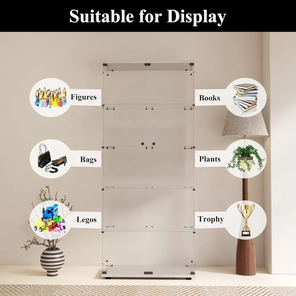 Contemporary Glass Display Cabinet with 5 Shelves and Double Doors for Living Spaces, Bedrooms, Offices, and Educational Setting